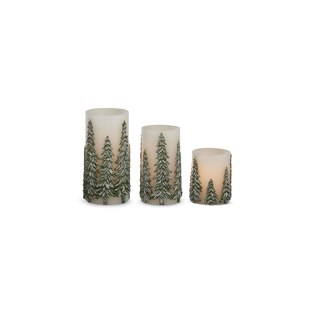Green Embosed Trees LED Pillar Candles S/3