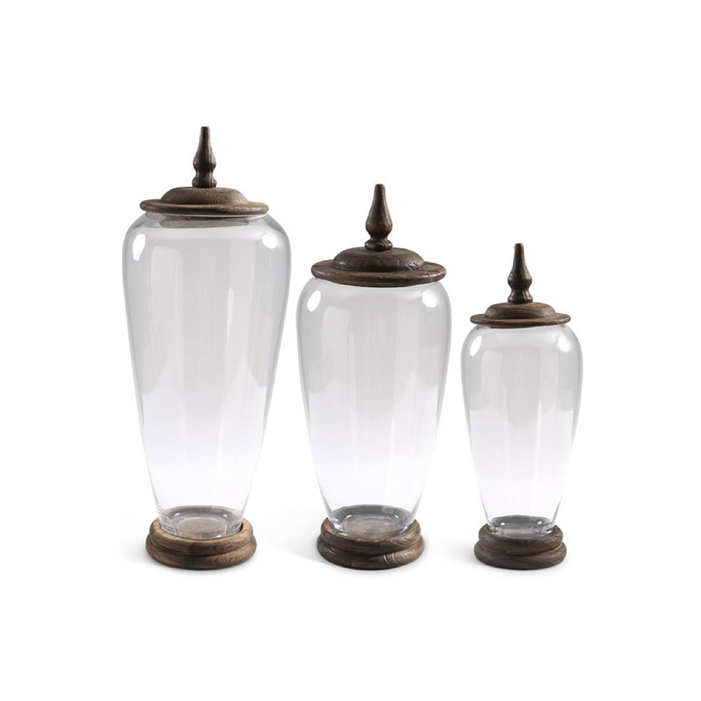 Glass Jars with Wood Base Set of 3