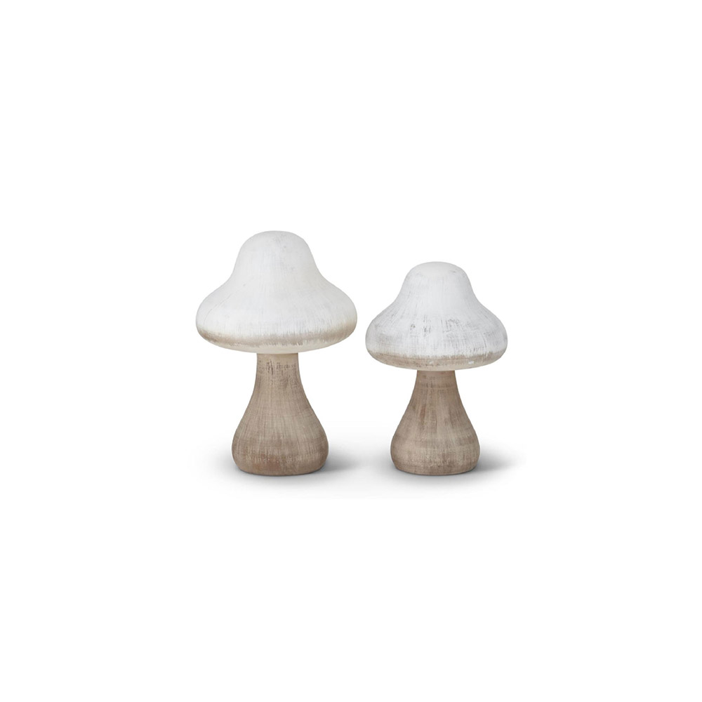 White & Natural Wood Mushrooms S/2
