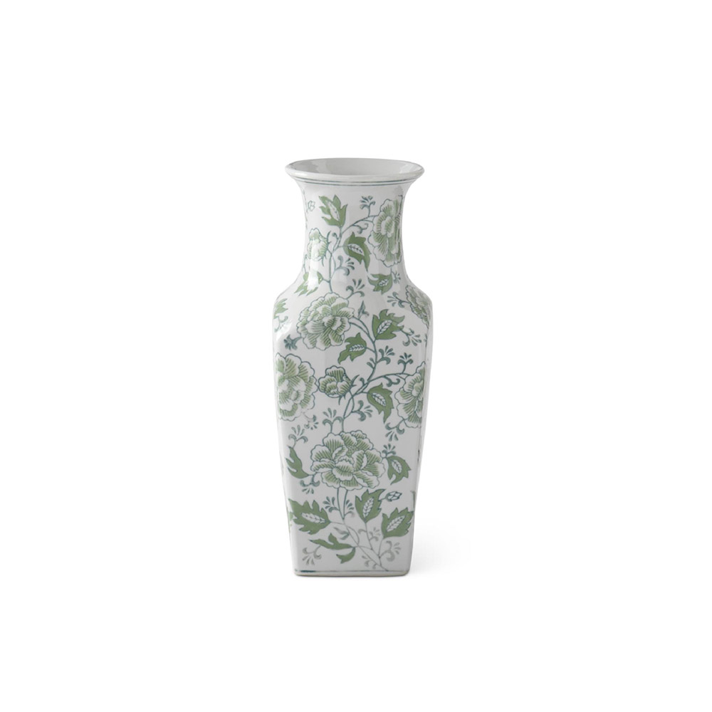 Green & White Floral Ceramic Vase